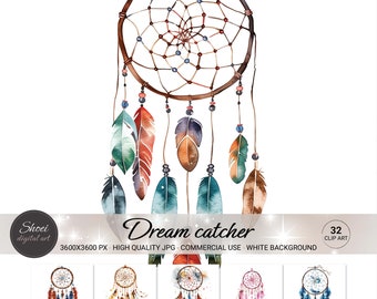 Watercolor Dreamcatcher Clipart: Boho Feather Designs, Tribal Decor (32 JPG, Commercial Use)