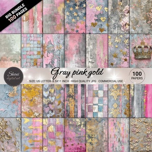 Papeles digitales en gris, rosa y dorado: 100 fondos lujosos, JPG de alta calidad, tamaño carta (EE. UU.), para manualidades, scrapbooking e imprimibles.