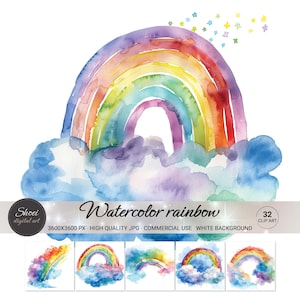 Watercolor Rainbow Clipart - 32 Vibrant & Colorful Illustrations for Kids' Projects, Nursery Decor, and Commercial Use - High-Resolution JPG