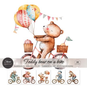 Teddybär auf Fahrrad Clipart: Entzückende Fahrrad-Bären mit Luftballons, 30 hochwertige JPEG-Bilder für Kinderdekor und Party-Einladungen, JPG