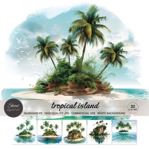 Tropische Insel Aquarell Clip Art | 32 üppige Paradise Island Illustrationen für Urlaubsdesigns, Poster & Basteln - Kommerzielle Nutzung