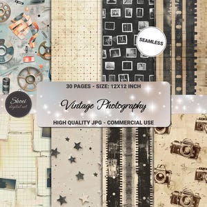 Puede incluir: Una colección de arte digital titulada "Vintage Photography" con varios patrones sin costuras. Los patrones incluyen cámaras antiguas, tiras de película, fotografías antiguas y diseños de estrellas. La colección mide 30,48 x 30,48 cm y consta de 30 páginas. JPG de alta calidad para uso comercial.