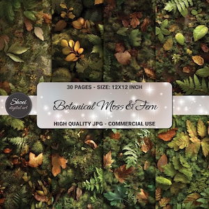 May include: A digital art composition featuring a collage of botanical elements, including moss, ferns, and fallen leaves. The image is composed of multiple panels, each showcasing a different arrangement of natural textures. Text on the image reads "Botanical Moss & Fern" and "30 pages - size: 12x12 inch".