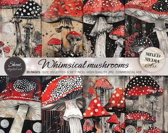 Whimsical Mushroom Digital Papers: Enchanted Forest Art (8.5x11 inch)