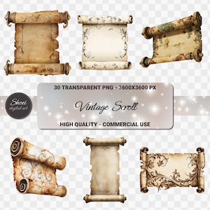 Vintage Scroll Clipart PNG Bundle: Antique Paper Banners (Digital Download, Commercial Use)