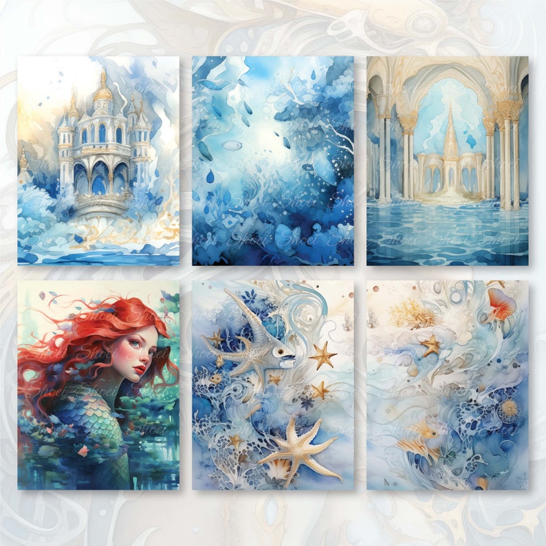 Mermaid Fantasy Under Sea 30 Pages 8.5X11 size For Junk Journal Backgrounds, Scrapbooking, Art and Craft, Commercial Use, Magic Fairy Tale, high quality 300 dpi JPG files
30 JPG Printable image pages (8.5X11 inch)