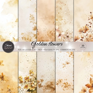 Digitale papieren gouden bloemen - 30 luxe gouden bloemmotieven, scrapbooking-achtergronden, afdrukbaar 8,5 x 11, crafting JPG