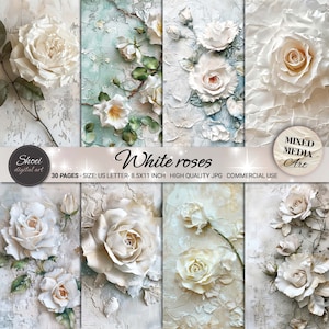 Papeles digitales de rosas blancas: 30 elegantes diseños de rosas, fondos de arte en técnica mixta, imprimibles (8,5 x 11), álbumes de recortes para bodas (JPG)