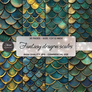 Dragon Scale Digital Paper: Emerald, Sapphire, Gold (12x12, 30 Pages)