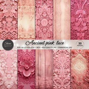 Papeles digitales de encaje rosa antiguo: 30 fondos elegantes, JPG de alta calidad, tamaño carta (EE. UU.), para manualidades, scrapbooking e imprimibles.