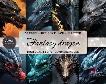 May include: 30 digital paper designs featuring fantasy dragons in various colors and poses. The papers are 8.5x11 inches and are suitable for commercial use.