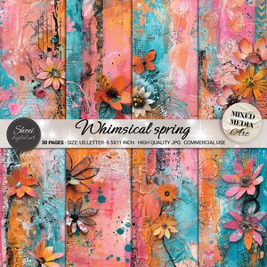 Skurrile Frühlings-Digital-Papiere - 30 Mixed-Media-Designs, lebendige Scrapbooking-Hintergründe, bedruckbar 8,5 x 11, bunte künstlerische JPGs