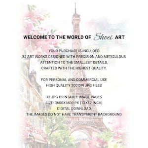 Paris watercolor clipart, Eiffel Tower illustration, cherry blossom art, French city print, printable JPG, white background.