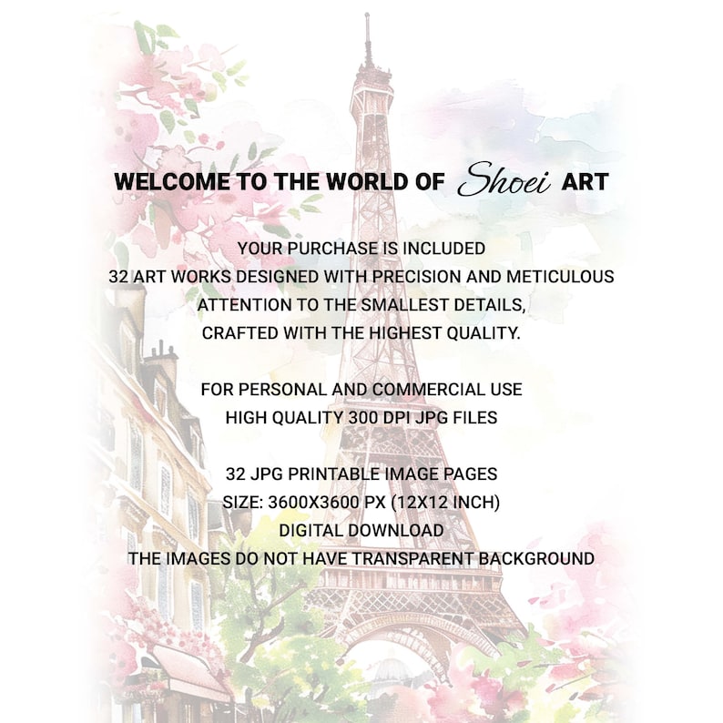 Paris watercolor clipart, Eiffel Tower illustration, cherry blossom art, French city print, printable JPG, white background.