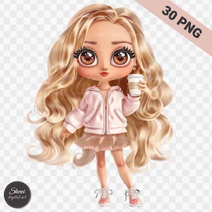 Clipart de muñeca rubia de moda: 30 pegatinas PNG, gráficos para álbumes de recortes (uso comercial, descarga digital)