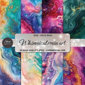 Puede incluir: 30 papeles digitales con arte abstracto de resina en colores vibrantes, incluyendo azul verdoso, morado, rosa, amarillo y azul. Cada papel mide 30,48 x 30,48 cm y es adecuado para uso comercial.