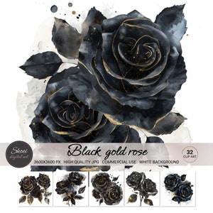 Black Gold Rose Clipart: Dark Floral Watercolor Junk Journal Graphics (Digital Download