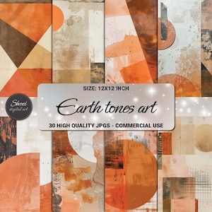 May include: A digital paper pack with 30 high-quality JPGs in earth tones. The images feature abstract geometric shapes and patterns in shades of brown, orange, and beige. The pack is 12x12 inches and is for commercial use.