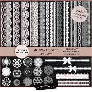 42 White Lace SVG en PNG, White Lace randen en cirkels voor scrapbooking supplies, albumontwerp, digitale planner, kant illustraties, freebie