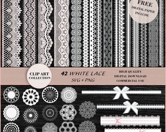 May include: A set of 42 white lace designs in SVG and PNG format. The designs include borders, doilies, and other decorative elements. Free digital paper is included.