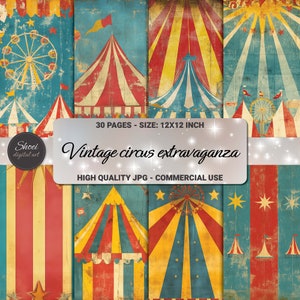 Vintage Circus Digital Paper Pack, 12x12 Carnival Tent Backgrounds, Retro Printable Scrapbook Art, Old Fashioned Fair Journal Kit