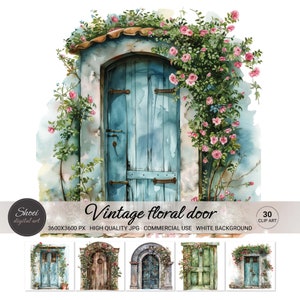 Vintage Old Doors Watercolor Clipart - Art Projects Download - Scrapbooking, Card Making, Collage - Floral Doors Illustrations - Instant