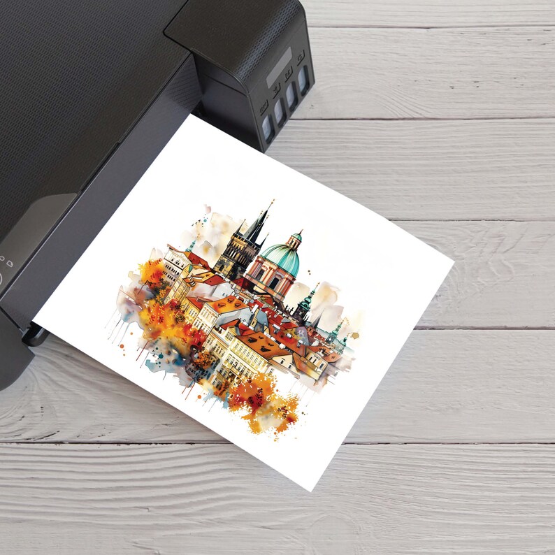 Prague watercolor clipart, old town cityscape illustration, Czech Republic printable art, gothic architecture digital image, white background.