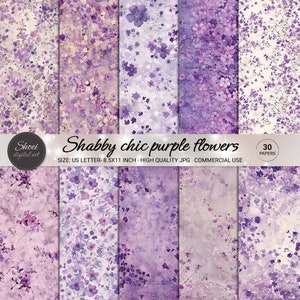 Shabby Chic Lila Blumen Digitale Papiere - 30 Vintage Blumenmuster, Scrapbooking Hintergründe, Printable 8.5x11, Crafting JPG