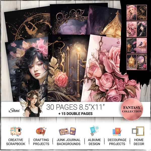 Gothic Fantasy Digital Art for Junk Journal Paper, card making, Mixed Media Art, Scrapbooking, Watercolor, magic fairy tale, Floral, Pink