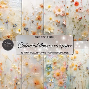 Colorful Flowers Mulberry Rice Paper 12X12 Digital Paper Set - Scrapbooking, Junk Journal, Mixed Media Art - Floral Collage Kit - Instant