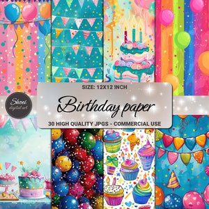 Ensemble de papier numérique de fête de joyeux anniversaire, 30 pages - arrière-plans de scrapbooking 12 x 12, usage commercial - journal indésirable, art et artisanat - instantané