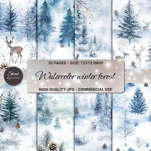 Serene aquarel winterbos kerst digitaal papier - betoverende collectie van 30 pagina's voor plakboek, kunst, commercieel gebruik