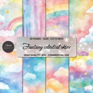 Fantasy Celestial Sky digitaal papierpakket, 12 x 12 regenboogwolkachtergronden, pastelster afdrukbare kunst, dromerige plakboek dagboek kit