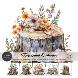May include: A watercolour illustration of a tree trunk with a variety of flowers on top. The flowers are in shades of pink, orange, yellow, and purple. The tree trunk is brown and has a rough texture. The background is white.