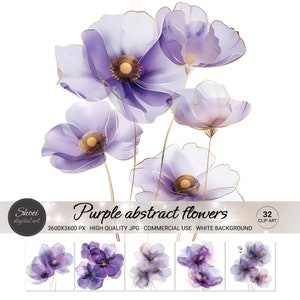 Encantador conjunto de imágenes prediseñadas de acuarela de flores moradas abstractas: ¡perfecto para proyectos de arte y manualidades!