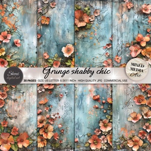 Grunge Shabby Chic Digital Papiere - 30 rustikale Blumenmuster, gealterte Hintergründe, bedruckbar 8.5x11, Mixed Media Art JPG, Vintage Craft Papier