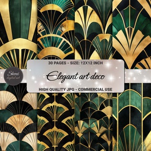 Collezione Art Deco senza tempo: set di carta digitale geometrica oro e smeraldo - download immediato per diario spazzatura, album, arte, uso commerciale