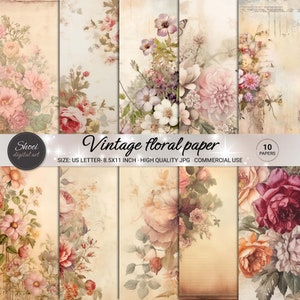 Vintage Floral Digital Papiere - 10 elegante Blumen Designs, Scrapbooking Hintergründe, bedruckbar 8.5x11, Antique Crafting JPG