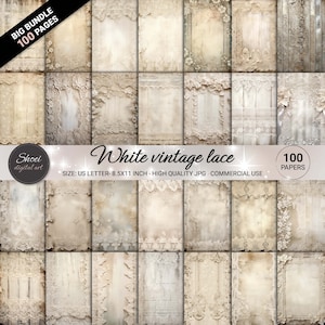 Weiße Vintage Spitze Digitale Papiere - Großes Bündel von 100 eleganten Spitzendesigns, Scrapbooking Hintergründe, bedruckbar 8.5x11, Crafting JPG