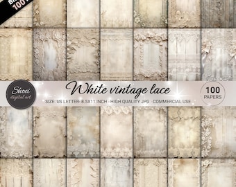 White Vintage Lace Digital Papers - Big Bundle of 100 Elegant Lace Designs, Scrapbooking Backgrounds, Printable 8.5x11, Crafting JPG
