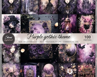 Printable Purple Gothic and Fantasy Theme, 100 Digital paper 8.5X11 for Junk Journal Background, Scrapbooking, Art and Craft, Commercial Use