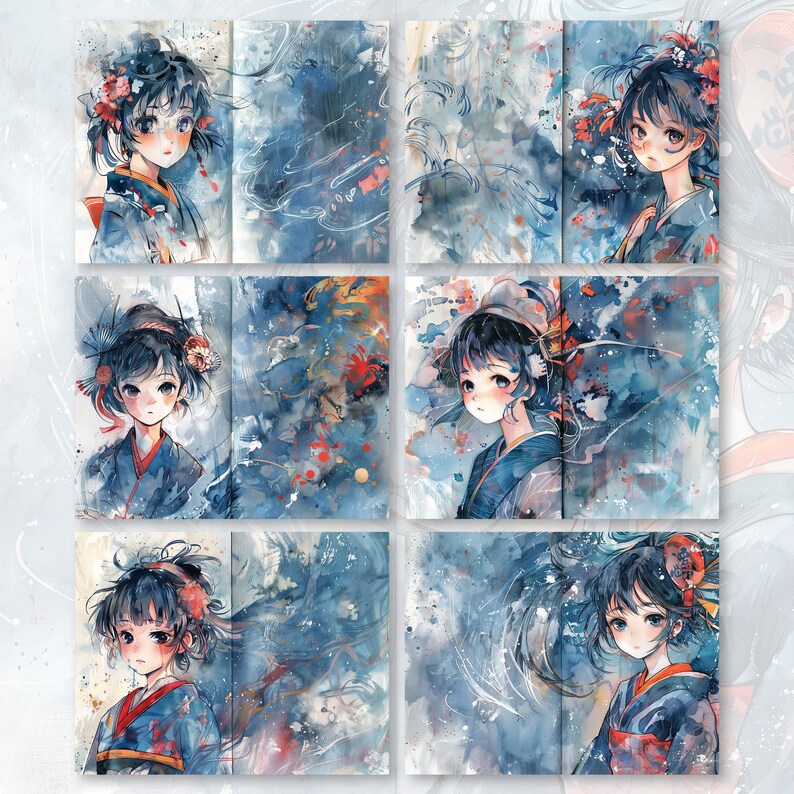 Anime Girl Abstract Blue Digital Paper, 30 Pages 8.5X11 size For Junk Journal Backgrounds, Scrapbooking, Art and Craft, Commercial Use, high quality 300 dpi JPG files
30 JPG Printable image pages (8.5X11 inch)
DIGITAL DOWNLOAD