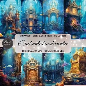 Papeles digitales "Reino Submarino Encantado", 30 archivos JPG de alta calidad, tamaño carta (EE. UU.), arte submarino de fantasía, uso comercial