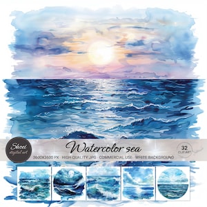 Imágenes prediseñadas de acuarela marina / 32 escenas serenas de océano y atardecer para decoración de pared, invitaciones y uso educativo - Uso comercial en alta resolución