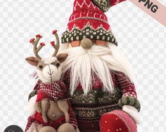 May include: A festive Christmas gnome and reindeer plush set. The gnome wears a red and green patterned hat and sweater, with a long white beard. The reindeer has a red and white scarf and antlers. A red sequined ball is also present.