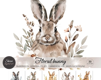Watercolor Floral Bunny Clipart: Spring Nursery Art (Digital JPG Download, Commercial Use)