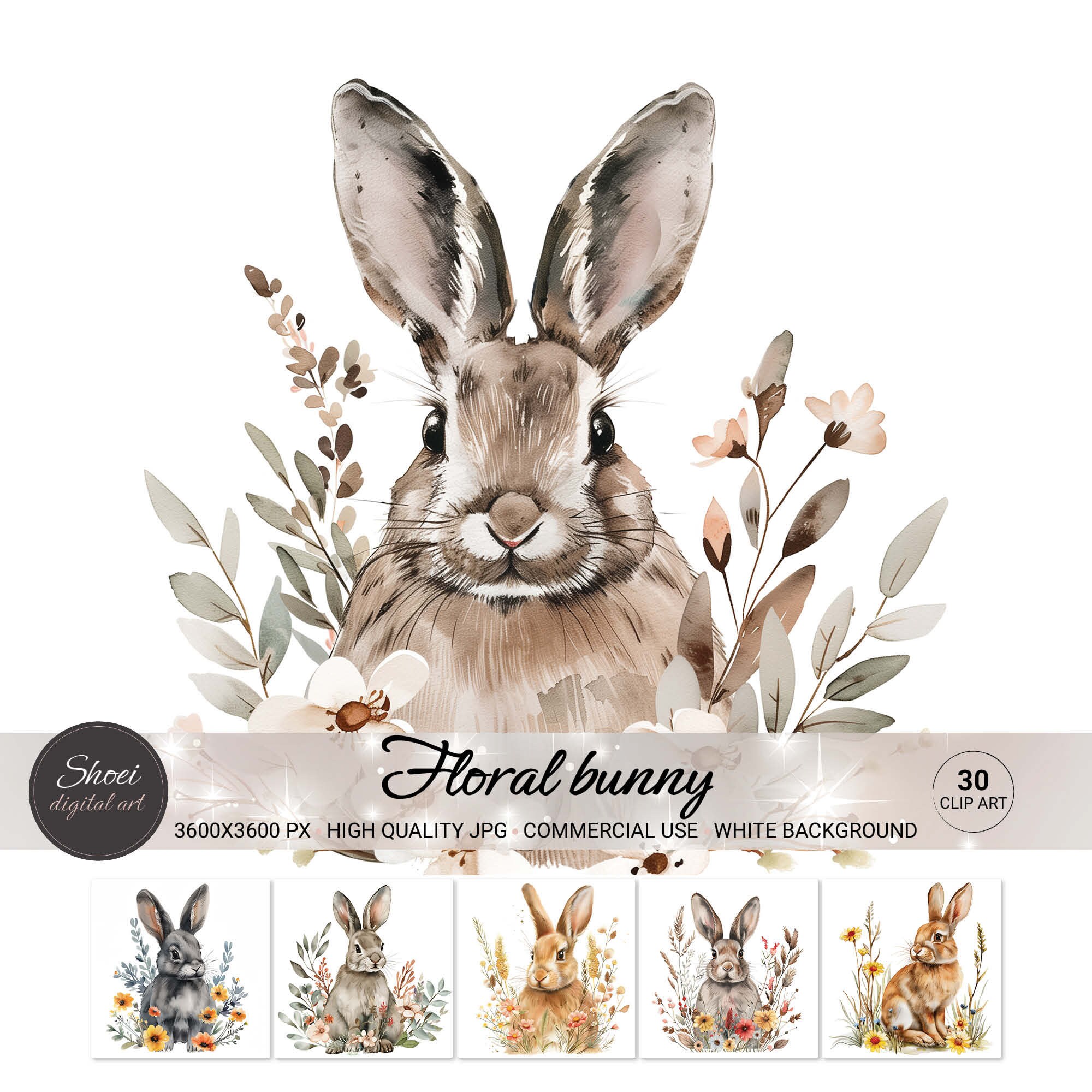 Watercolor Floral Bunny Clipart: Spring Nursery Art (digital JPG ...