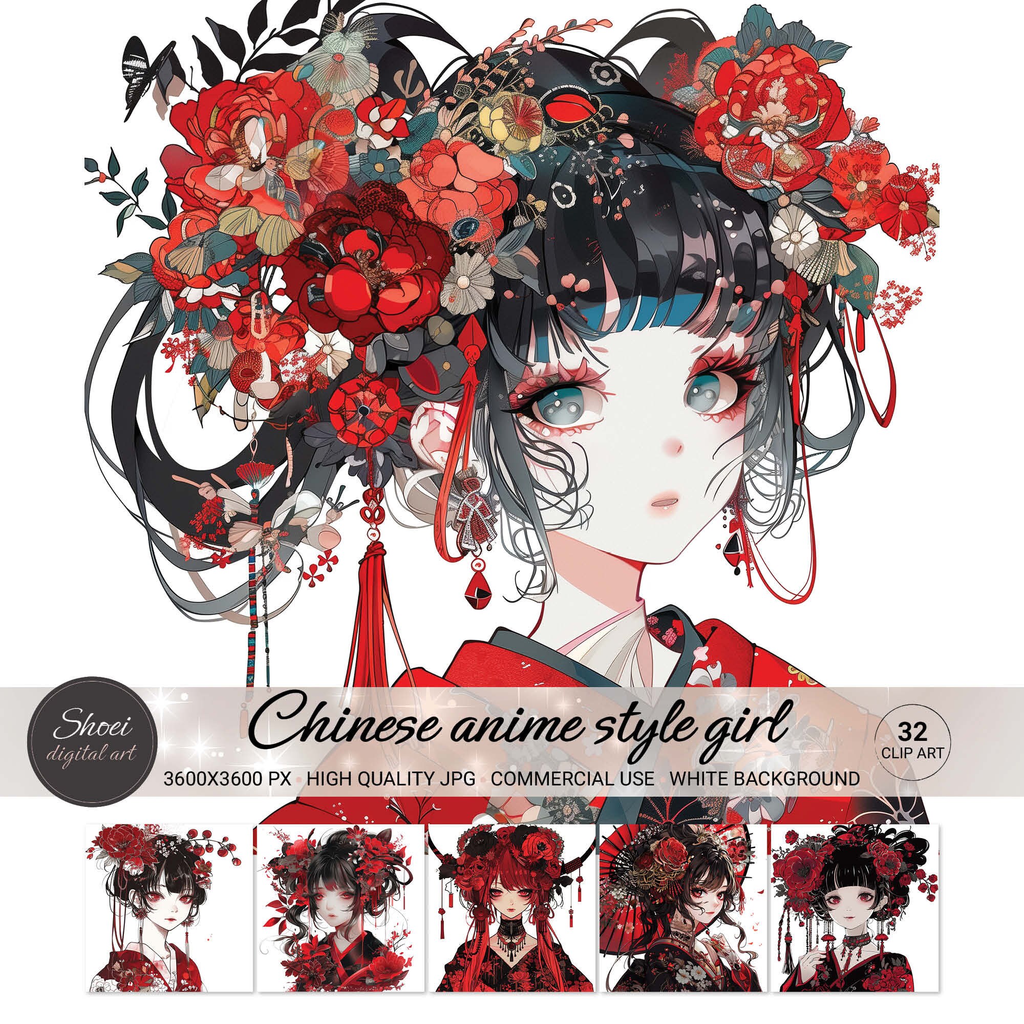 Chinese Anime Girl Clipart, Asian Manga Character Art, 32 Japanese Kawaii Illustrations, Red Floral Kimono, Printable Commercial Use JPG