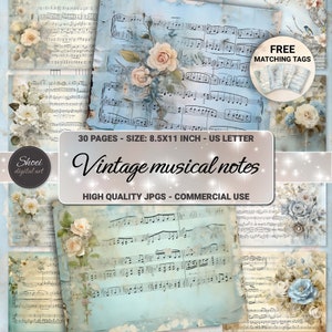 Kit di diario spazzatura vintage con note musicali eteree - Carta per diario blu, Carta per decoupage, Carta vecchia sgangherata - Download digitale