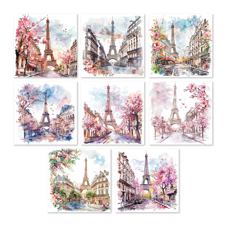 Paris watercolor clipart, Eiffel Tower illustration, cherry blossom art, French city print, printable JPG, white background.